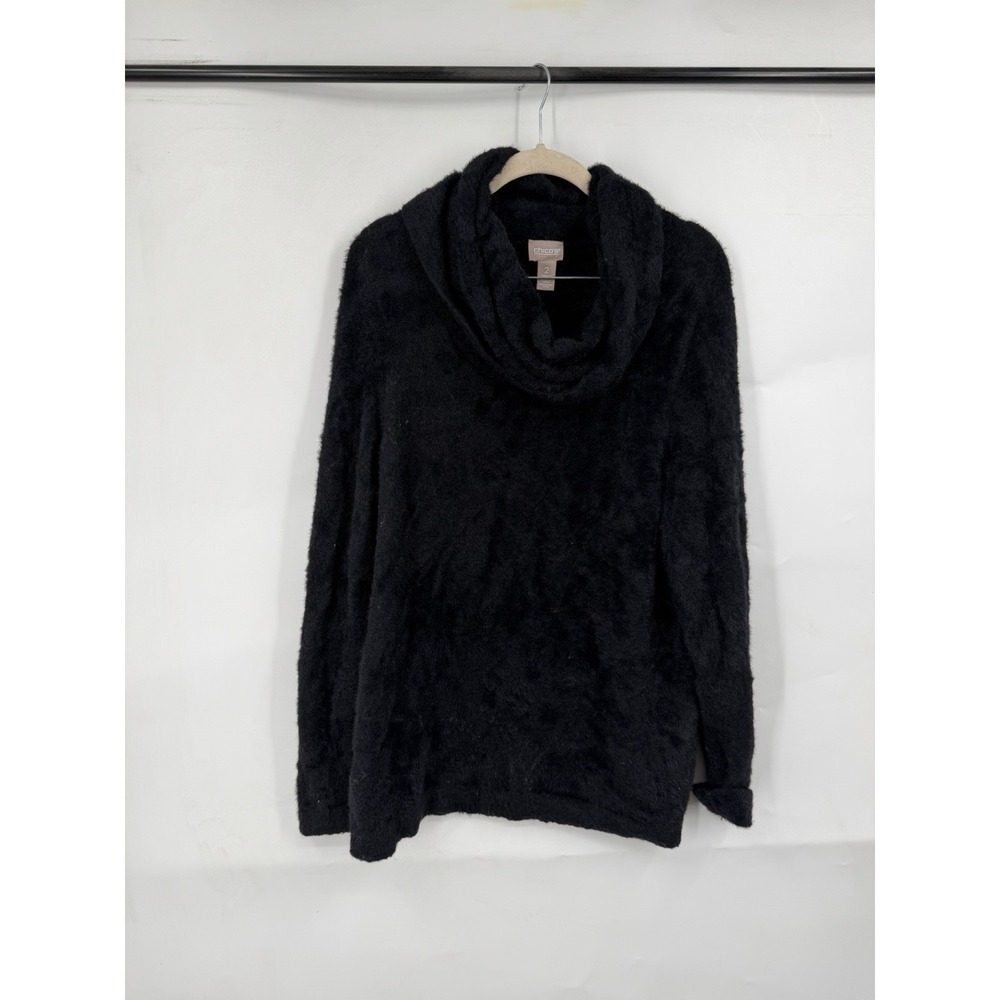 Chicos‎ Cowl Neck Black Super Soft Furry Knit Sweater Women M Mature Fall Winter